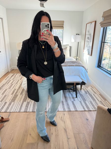 I haven’t worn bootcut jeans in a while but I’m loving these. The denim is soft and slightly stretchy. They also make my butt look good which is always a plus 😂! Fits tts. If you are between sizes, size down. Blazer run big so size down (wearing a medium), t-shirt size large, jeans size 10.

#LTKfindsunder50 #LTKover40 #LTKmidsize