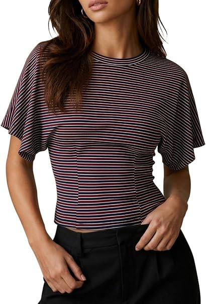 CHYRII Womens Summer Tops Lyocell Striped Batwing Short Sleeve T Shirts | Cinched Waist Slim Fitt... | Amazon (US)