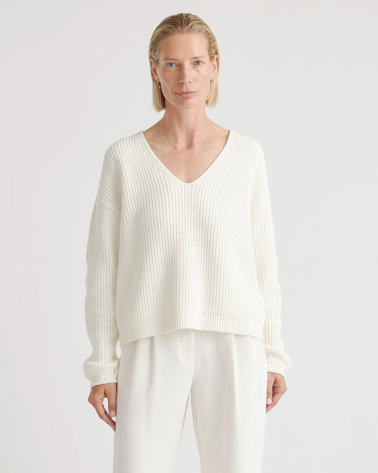 Ivory 100% Organic Cotton Fisherman V-Neck Sweater | Quince