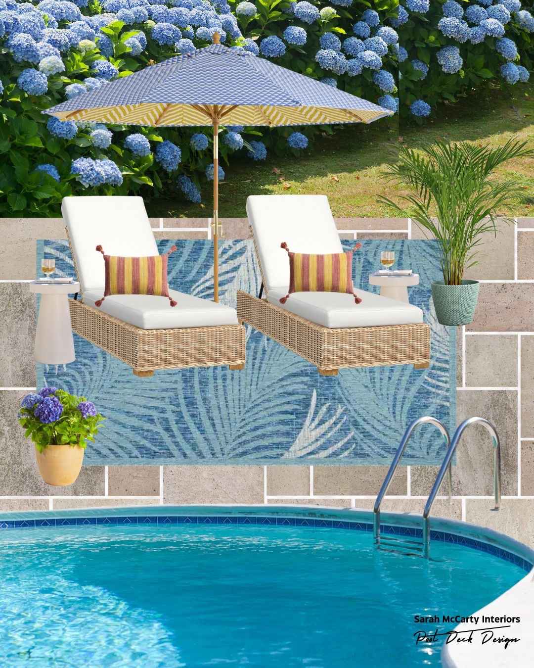 Pool deck season ☀️ Modern coastal, blue and white, patio furniture and decor. Pool lounge chairs, umbrella, outdoor rug, coastal design, throw pillows, outdoor living 

#LTKStyleTip #LTKHome #LTKSeasonal