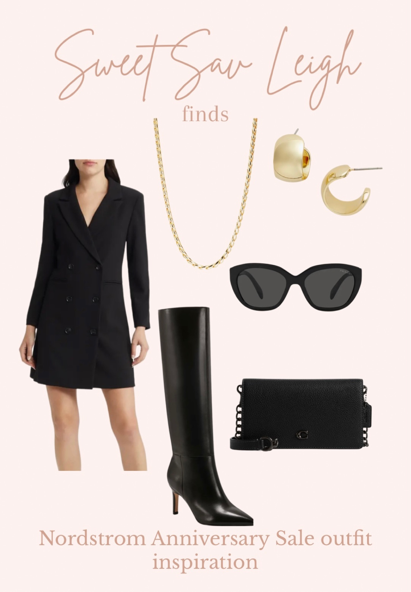 Nordstrom anniversary sale outfit inspiration: blazer dress, black dress, long sleeve dress, fall dress, tall boots, black boots, black clutch, chain necklace 

#LTKxNSale #LTKSeasonal #LTKFind