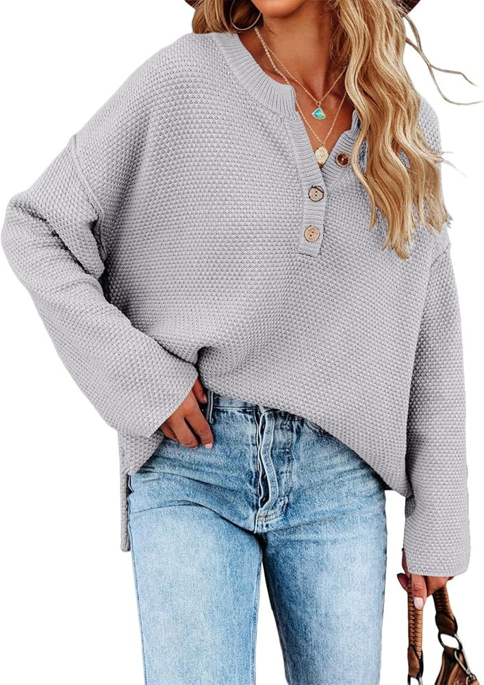Saodimallsu Women's Oversized Sweaters Batwing Long Sleeve Loose V Neck Button Henley Tops Pullov... | Amazon (US)