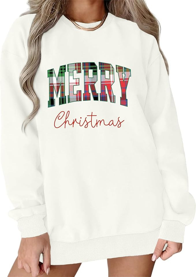 Christmas Sweatshirt for Women 2025 Classic Merry Plaid Letter Print Long Sleeve Shirts Xmas Holi... | Amazon (US)