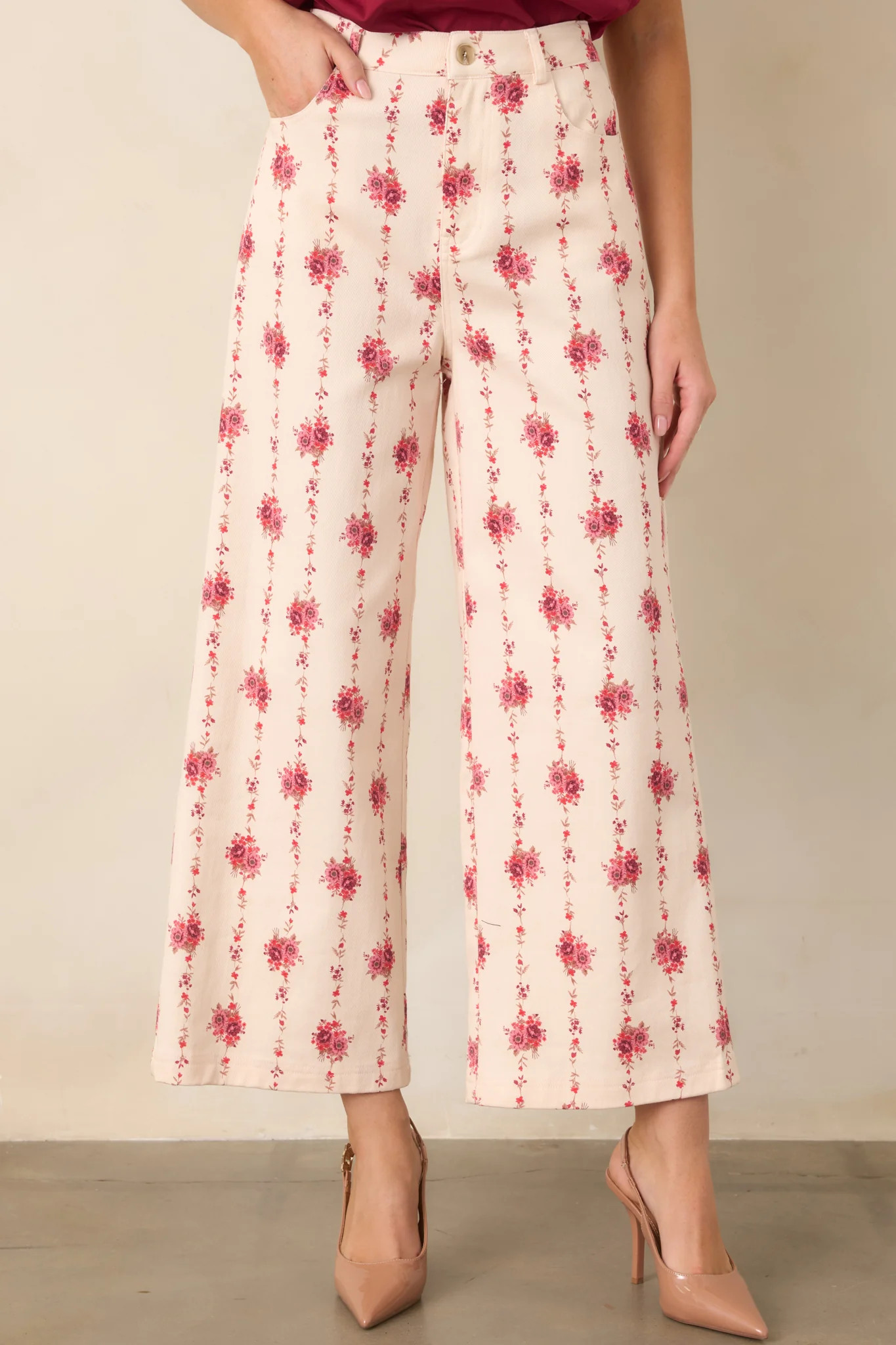 Rose Trellis Ivory Floral Cotton Wide Leg Pants | Red Dress