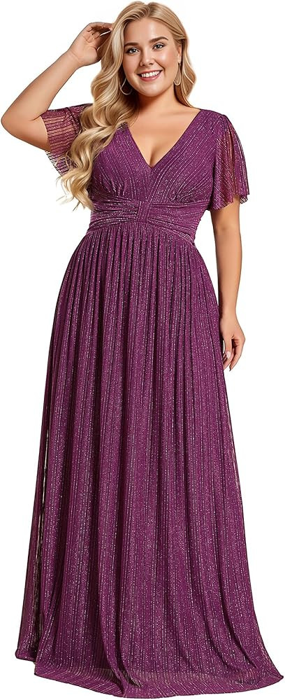 Ever-Pretty Women's A Line V Neck Glitter Short Sleeves Pleated Plus Size Formal Evening Dresses ... | Amazon (US)