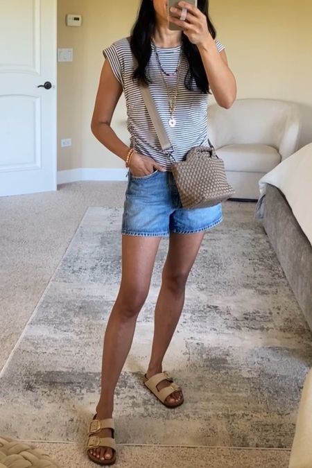 Summer outfit. Elevated Tshirt. Elevated tee. Side ruching gives nice shape. True to size or size up if on between. 
Denim shorts. Linking some favorites. 
Necklaces code Naomi20 to save. 
Woven bag. Summer bag  

#LTKOver40 #LTKSaleAlert #LTKFindsUnder100