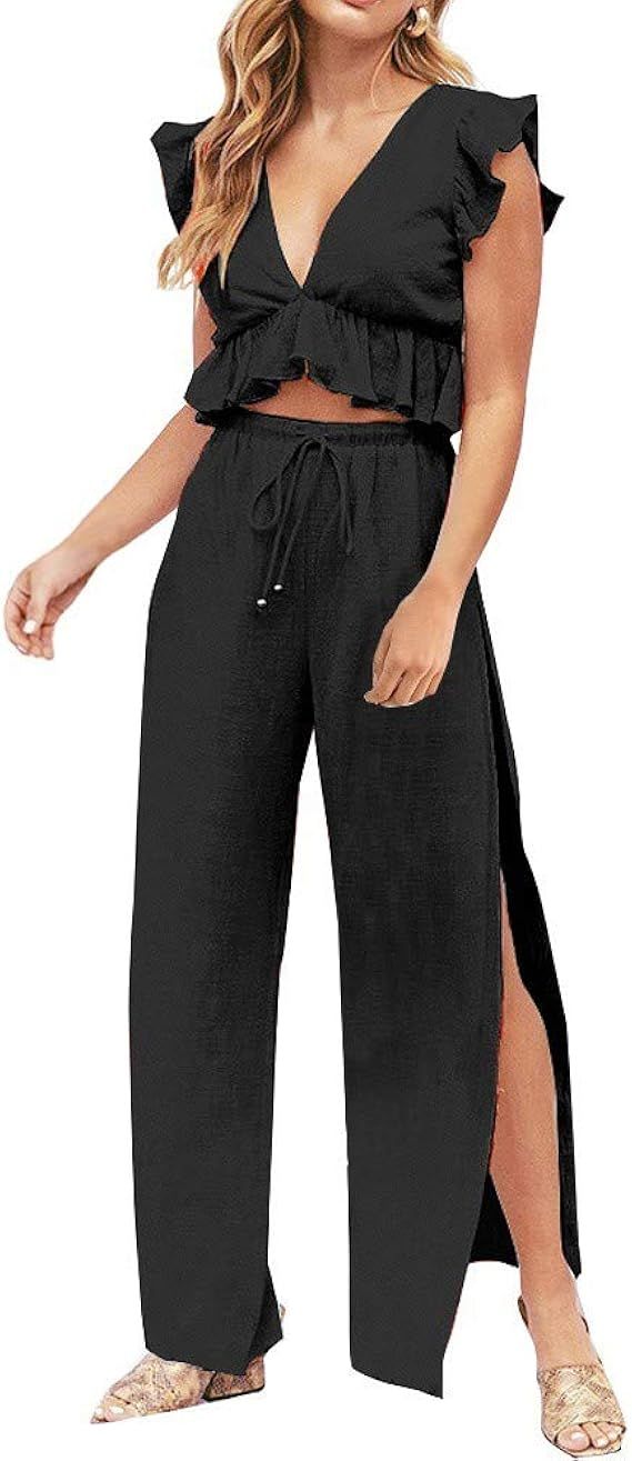 FANCYINN Womens 2 Pieces Outfits Deep V Neck Crop Top Side Slit Drawstring Wide Leg Pants Set Jum... | Amazon (US)