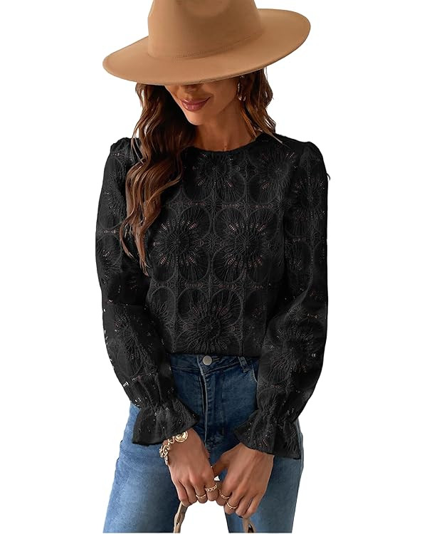 CUPSHE Women Eyelet Long Sleeve Tops Shirts Dressy Hollow Out Crochet Lace Embroidered Blouses 20... | Amazon (US)
