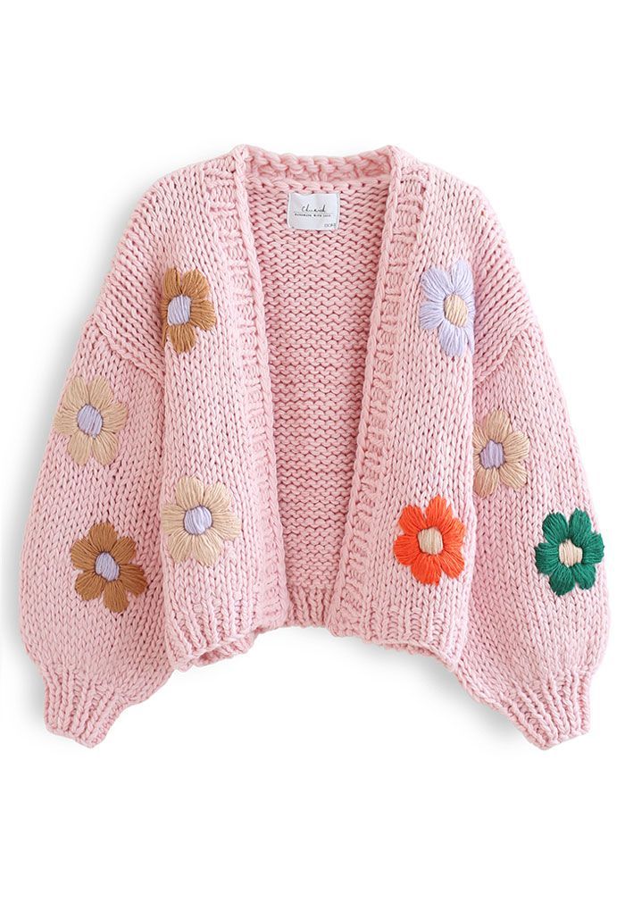 Stitch Flowers Hand-Knit Chunky Cardigan in Pink | Chicwish
