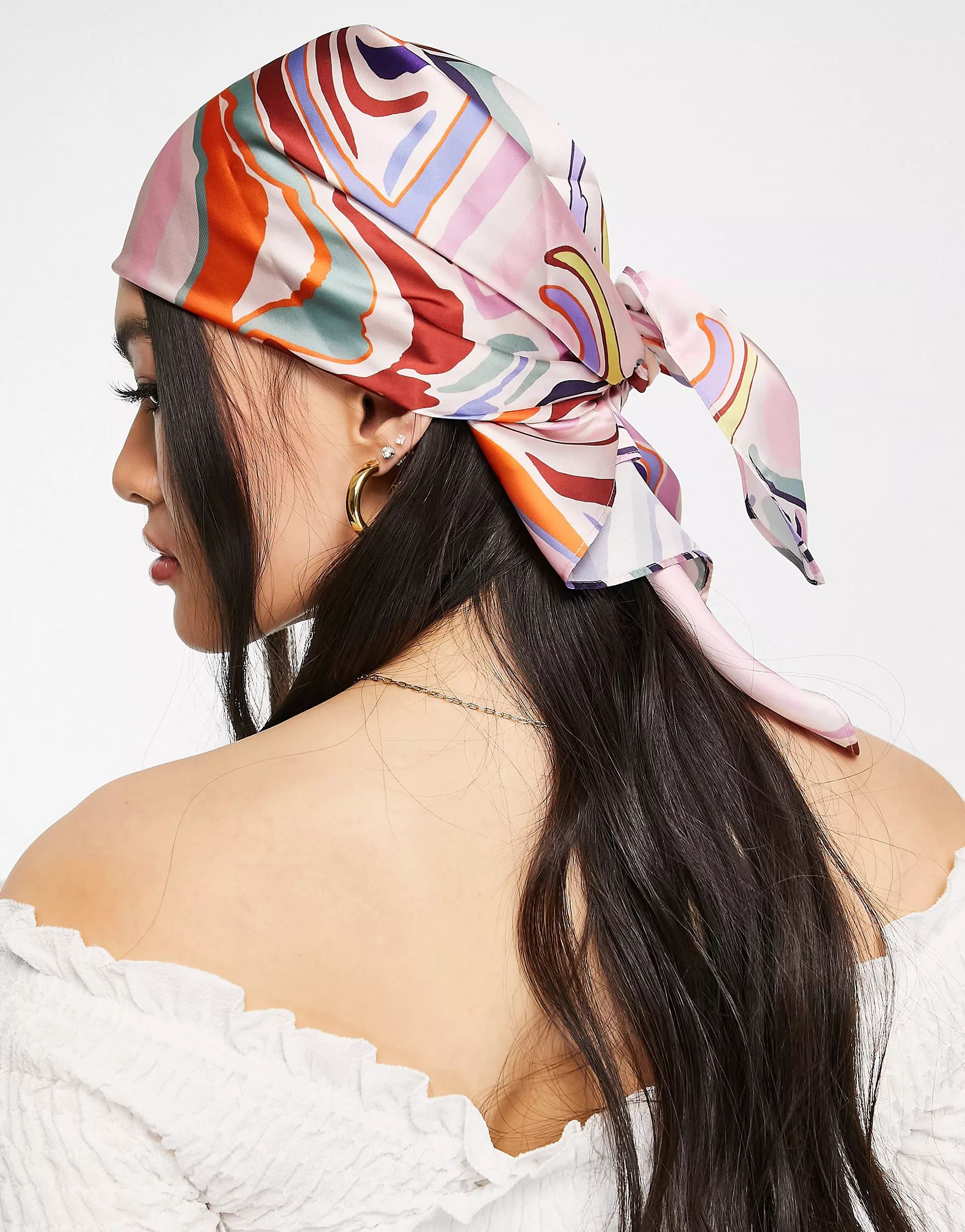 ASOS DESIGN recycled polysatin medium headscarf in swirl print in multi | ASOS (Global)