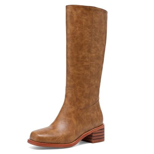 JOKACEAR Women's Knee High Boots Square Toe Chunky Block Heel Long Boots for Women Comfortable Slip on Low Heel Womens Riding Boot. | Amazon (US)