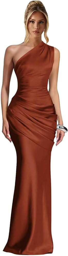 One Shoulder Long Satin Bridesmaid Dresses for Wedding Mermaid Ruched Maxi Formal Evening Gown 20... | Amazon (US)