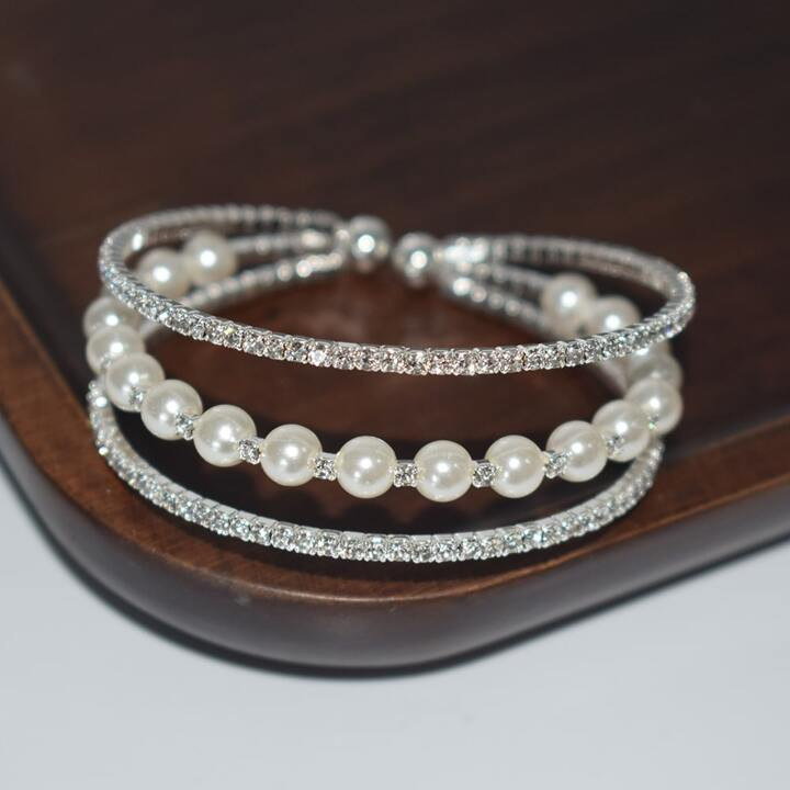 1pc Three-row Rhinestone & Faux Pearl Decor Women's Open Cuff Bracelet, For Bride, Wedding, Party... | SHEIN