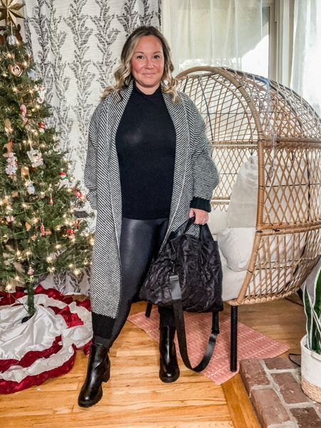 Spanx faux leather leggings size large petite use code LTKCONXSPANX for discount 
Coatigan size XS (runs very oversized! Size down 2 sizes at least!) also each link is a separate size for the Coatigan just fyi! 
Mockneck top size M 
Chelsea boots size 8 size up one 


#LTKcurves #LTKHoliday #LTKCyberweek