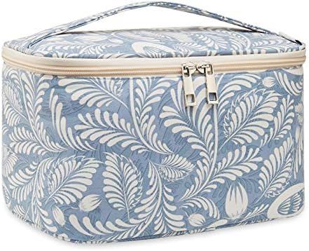 Travel Makeup Bag Large Cosmetic Bag Make up Case Organizer for Women and Girls (Large, Blue Leaf) | Amazon (US)