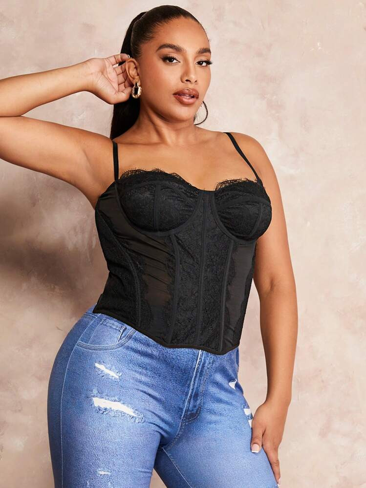 SHEIN BAE Plus Lace Panel Bustier Cami Top | SHEIN
