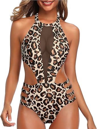 Tempt Me Women One Piece Sexy Mesh Swimsuit High Neck Halter Cutout Monokini Swimwear | Amazon (US)