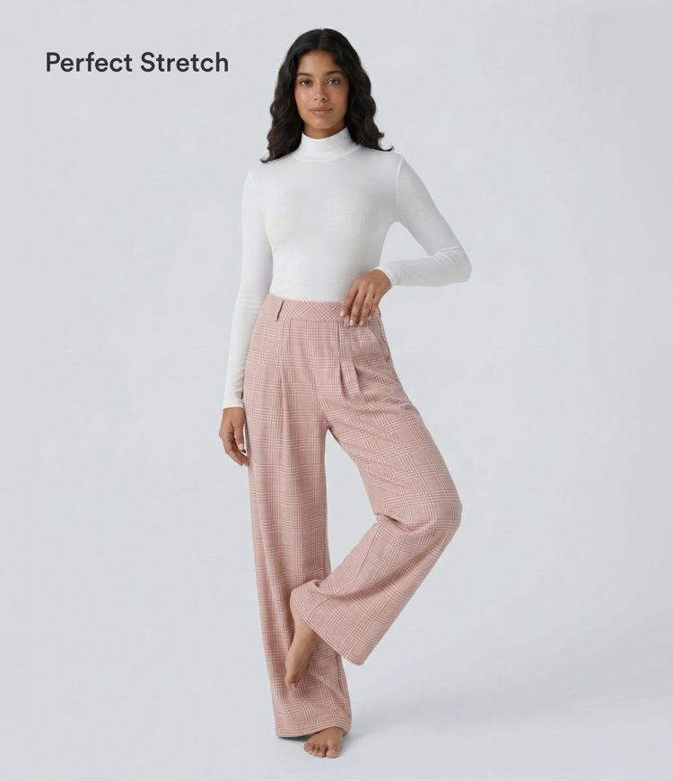 Women’s High Waisted Pocket Wide Leg Houndstooth Plaid Casual Pants - Halara | HALARA