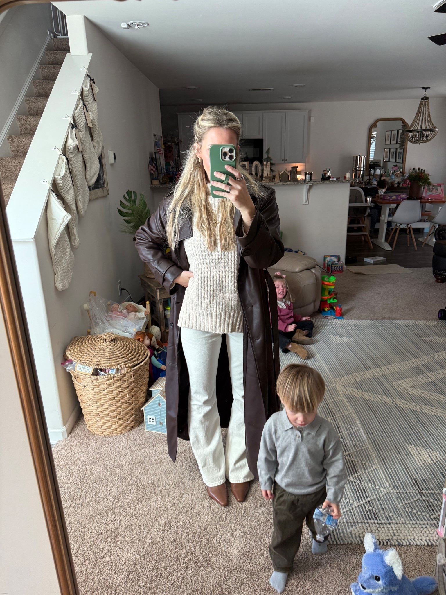 Leather trench is sold out but linking similar. 
Jeans and coat are Abercrombie Kathleen post collection. 27 in jeans. 
Booties are so comfy- Marc Fisher and tts 

#LTKootd #LTKSeasonal