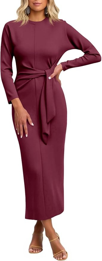 Cicy Bell Womens Long Sleeve Maxi Dress Bodycon Tie Waist Fall Elegant Crew Neck Cocktail Party D... | Amazon (US)