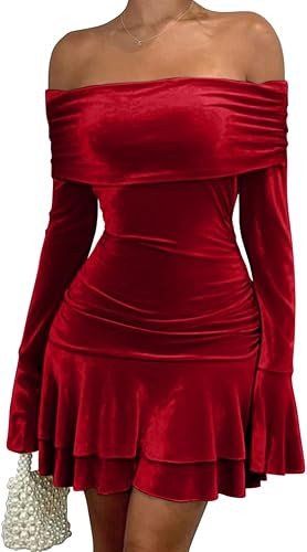 LAGSHIAN Women's Sexy Velvet Off Shoulder Long Sleeve Ruffle Hem Bodycon Ruched Cocktail Party Mi... | Amazon (US)