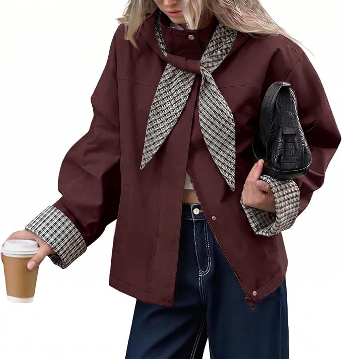 Tankaneo Womens Cropped Trench Coats Fall Jacket with Plaid Detachable Hood | Amazon (US)