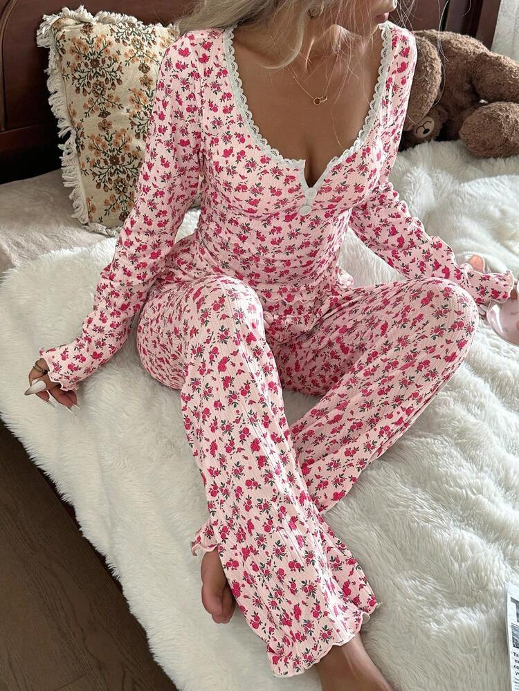 CottageSlumber Cottage Slumber Lace Trim Square Neck 2-Button Romantic Ditsy Floral Long Sleeve Top & Pants Pajama Set Pink Floral Pajamas Floral Pajama Set Comfy Pajama Set Matching Lounge Set, Fall Winter Clothes | SHEIN