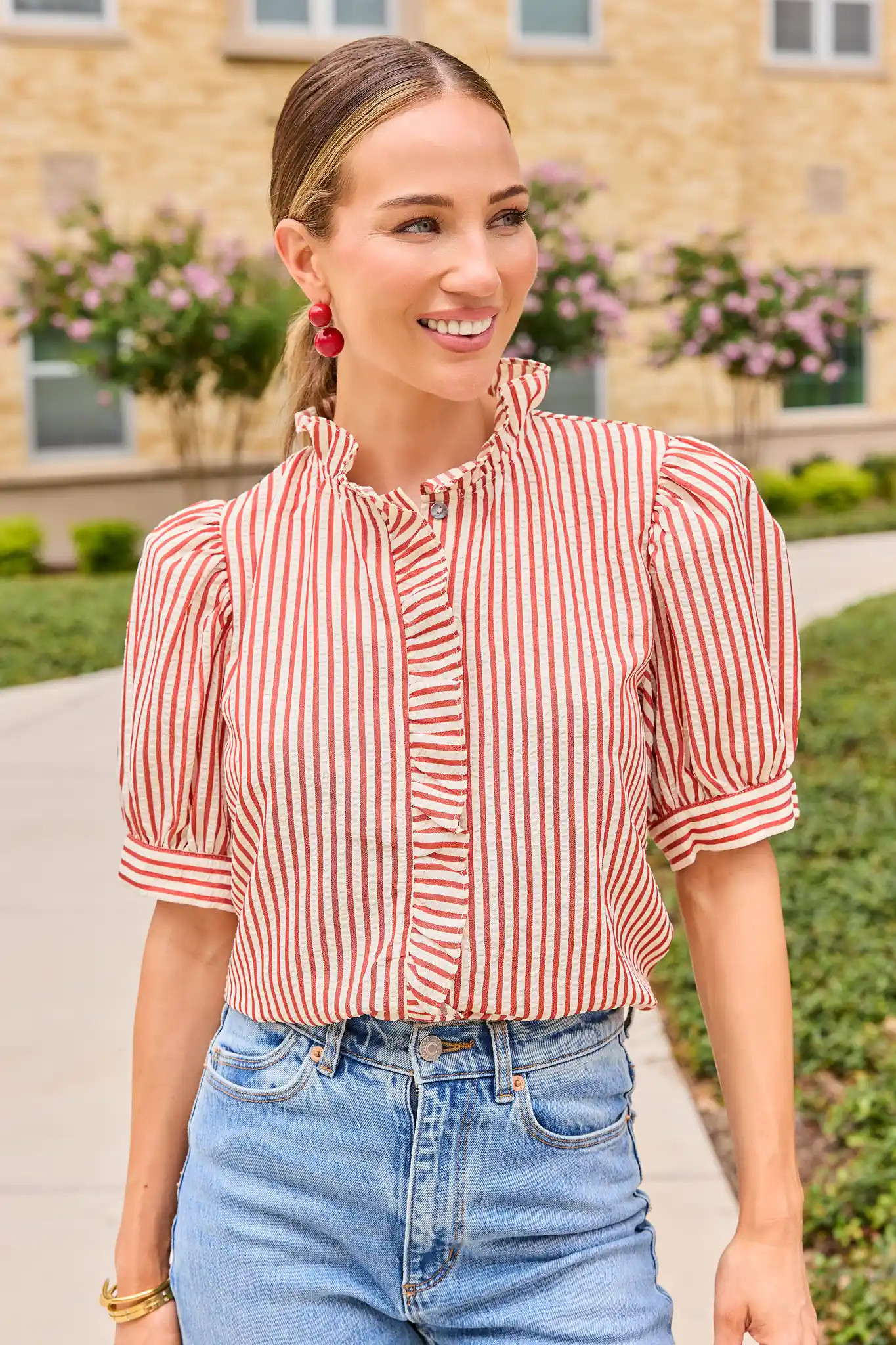Jules Red Stripe Ruffle Trim Top | Avara