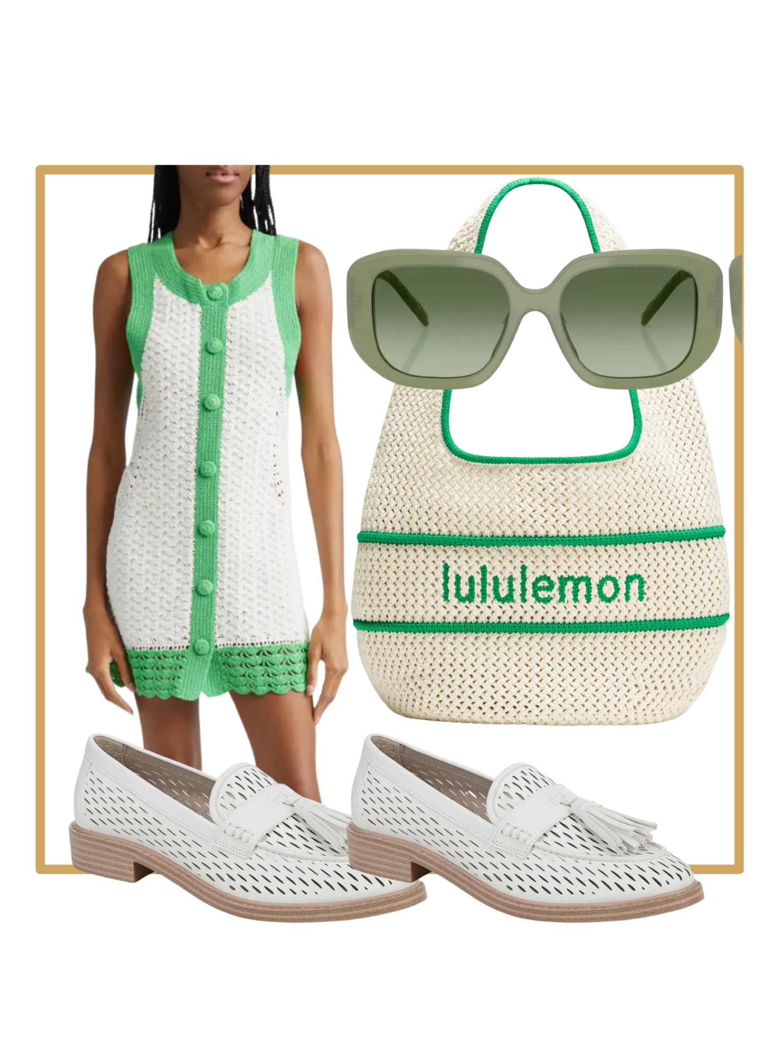 Sporty casual outfit. White and green knit dress. Lululemon crochet bag. White loafers. Green sunglasses 

#LTKItBag #LTKActive #LTKShoeCrush