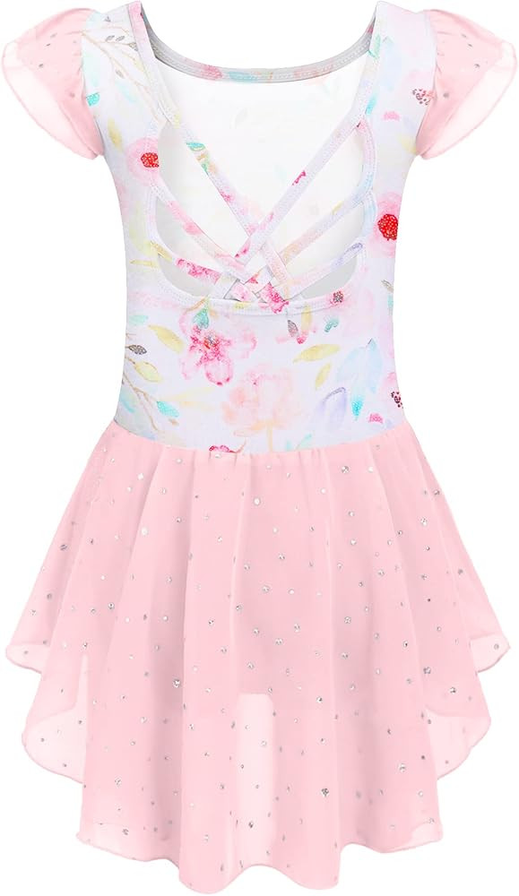 Arshiner Girls Shiny Ruffle Sleeve Ballet Leotard with Skirt Criss-Cross Back Dance Dresses | Amazon (US)