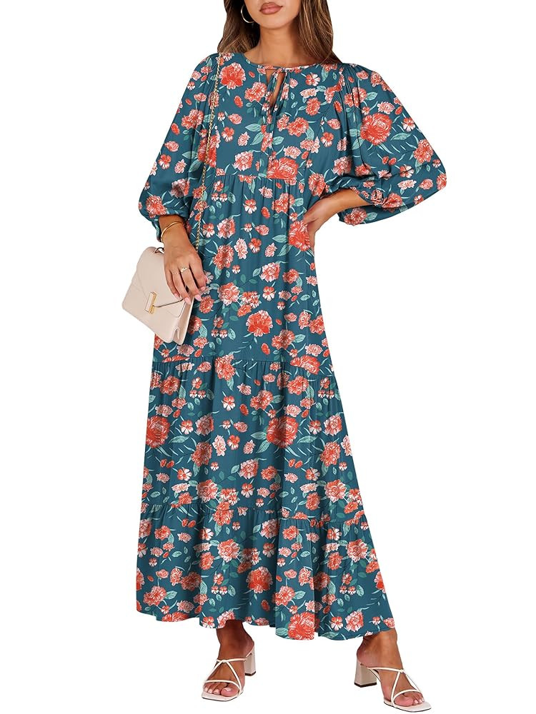 ANRABESS Womens Boho Maxi Dresses 2025 Summer V Neck Puff Sleeve Floral Flowy Swing Fall Casual L... | Amazon (US)