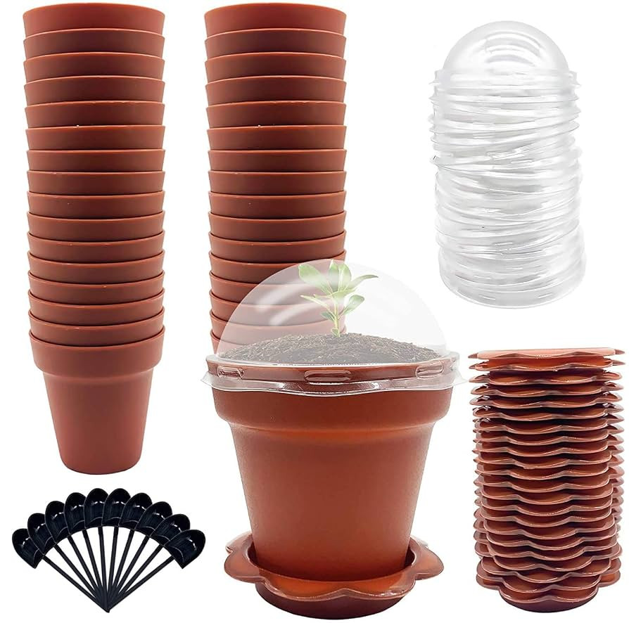 30 Pack Cupcake Plant Nursery Pots with Humidity Dome- Small Plastic Flower Pots with Saucers and... | Amazon (US)