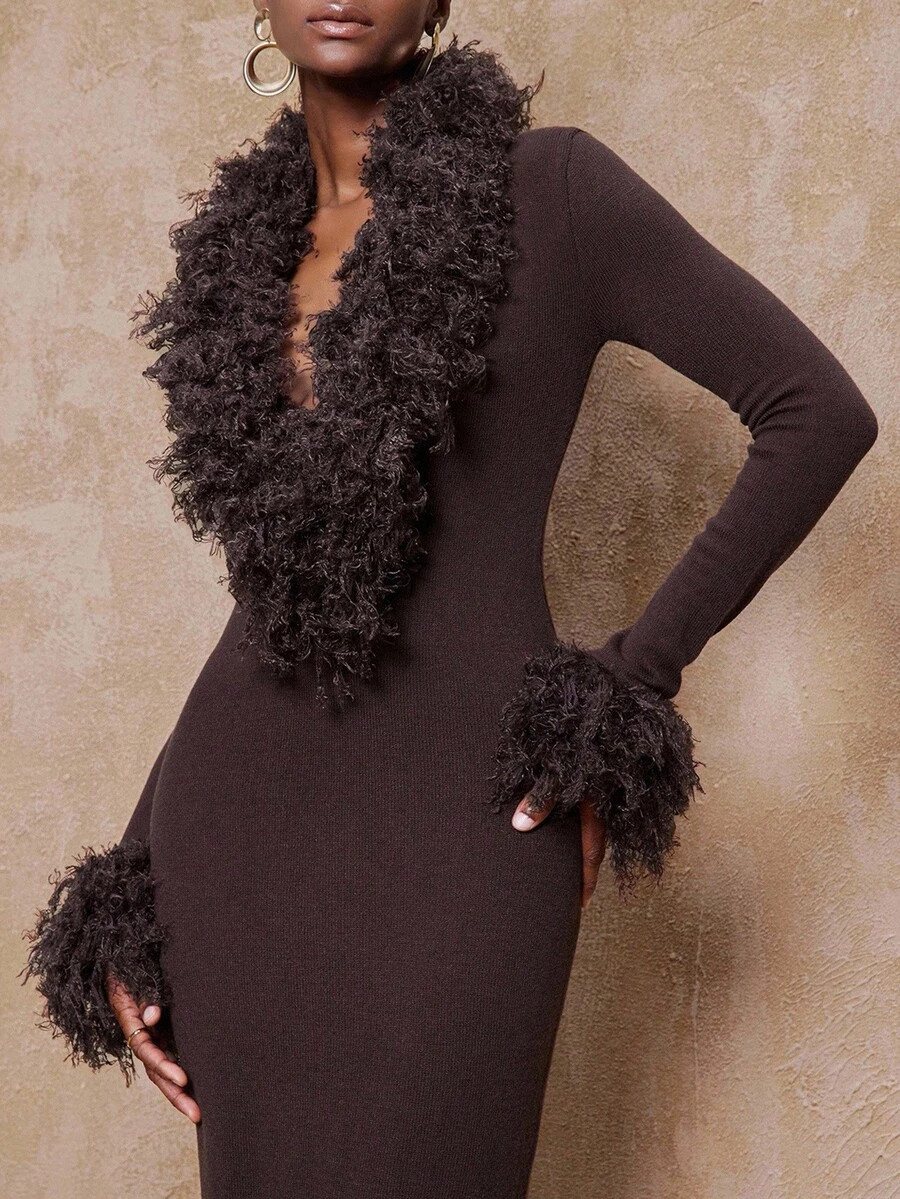 Lumalex VITNOS Fall/Winter Collection Women's Dark Brown Color Long Sleeve Fur Collar Bodycon Dee... | SHEIN