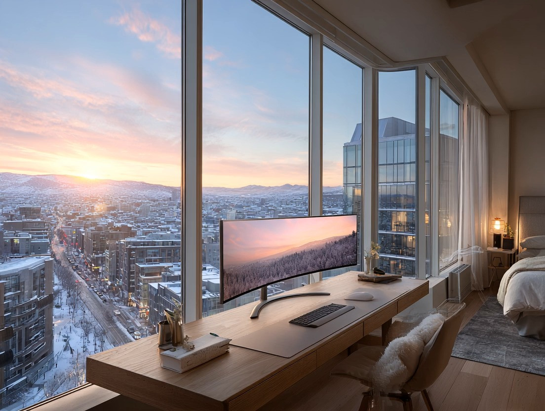 An ultra-glamorous home office setup designed for creative productivity and modern living. This stunning workspace features an ultra-wide screen placed on a beautifully crafted wooden desk, positioned perfectly by floor-to-ceiling, high-rise windows that flood the room with natural light and breathtaking city views. The clean wooden table adds warmth and balance, while the ultra-wide monitor creates an immersive work experience ideal for design, content creation, editing, and focused work. Thoughtfully styled office accessories keep the setup minimal yet functional, proving that a home office can be both practical and visually inspiring. Set within a bedroom home office layout, this space effortlessly blends comfort and productivity, making it a place you actually want to work from at any time of day. A true example of a modern home office setup that feels elevated, intentional, and luxurious without being overwhelming.

#HomeOfficeSetup #UltraWideScreen #ModernHomeOffice 

 #LTKHome