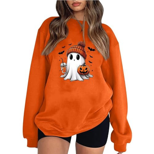 Yxzogd Halloween Sweatshirts for Womens Cute Ghost Sweater Fall Pullover Tops Graphic Oversized Long Sleeve Shirt Streetwear Orange | Amazon (US)