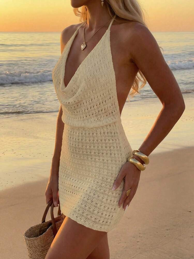 Women's Summer Beach Solid Color Sexy Hollow See-Through Knit Beach Backless Halter Short Cover-Up Dress Vacation | SHEIN