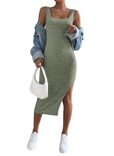 Samefar Women Summer Dresses Square Neck Sleeveless Bodycon Tank Dress for Women Midi Sundresses Cocktail Dresses Green Large | Amazon (US)