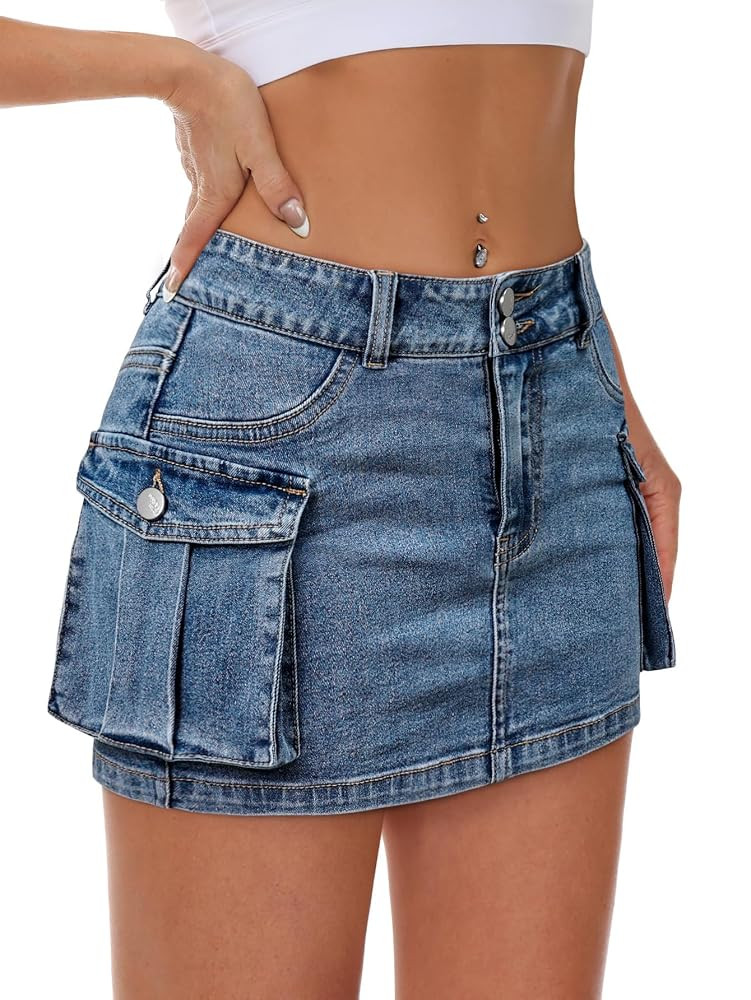 Women Denim Cargo Skirt Mini Low Waist Button Bodycon Y2K Flap Pockets Skirts | Amazon (US)