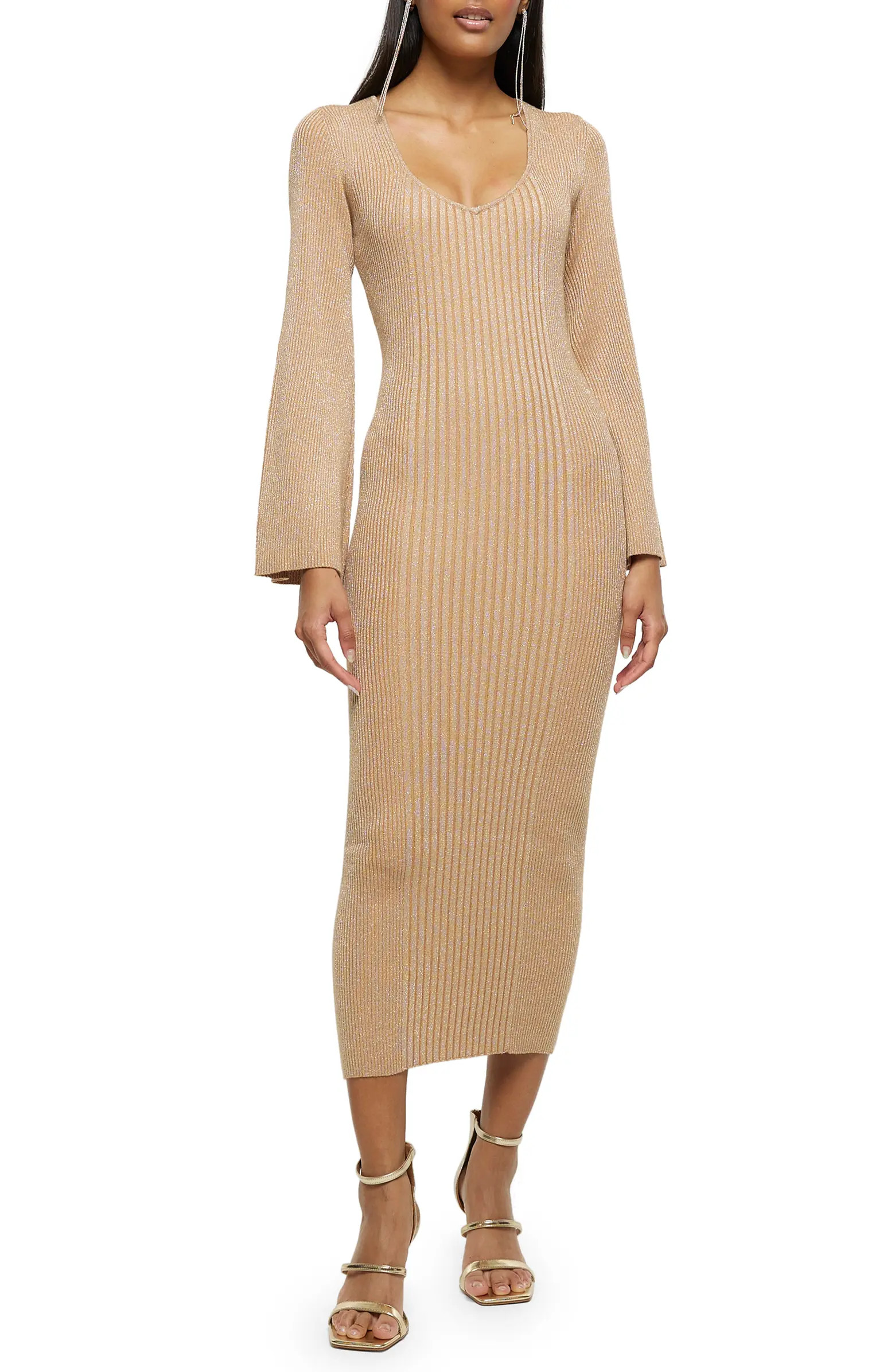 River Island Caitlin Long Sleeve Metallic Rib Midi Sweater Dress | Nordstrom | Nordstrom