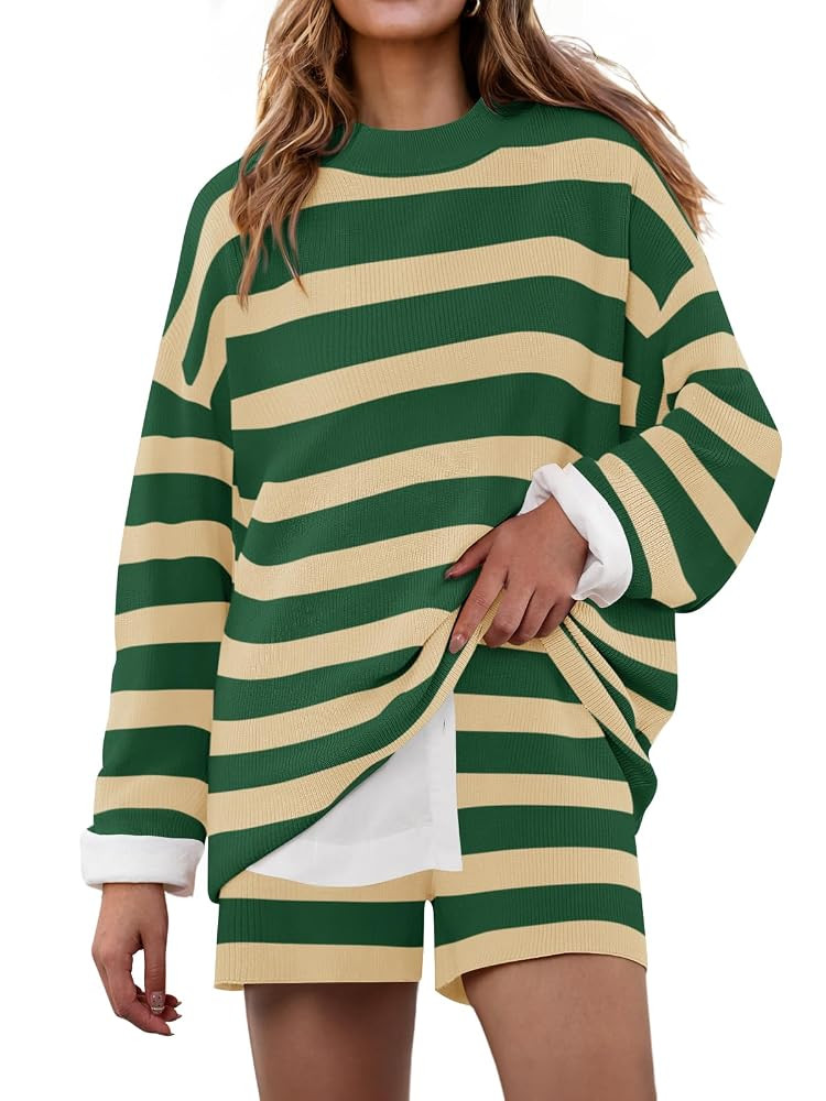 ZESICA Striped Lounge Sets for Women Fall 2025 2 Piece Oversized Outfits Long Sleeve Tops and Sho... | Amazon (US)