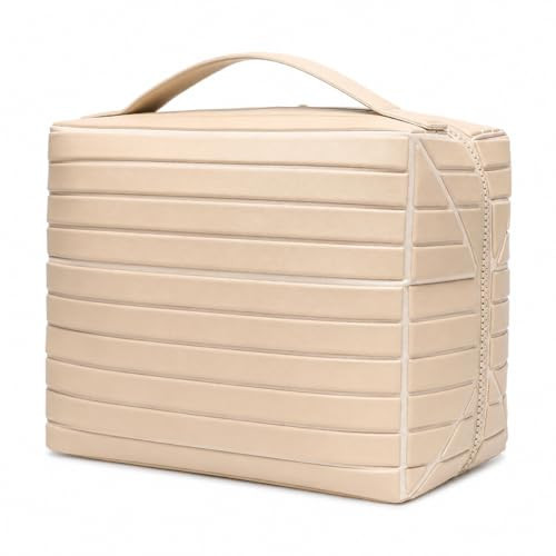 Travel Makeup Organizer Bag for Women, Fold Down Large Capacity Makeup Organizer with Compartments, Foldable Lay Flat Waterproof Cosmetic Toiletry Bag for Brushes, Skincare and Travel, Cream Beige | Amazon (US)