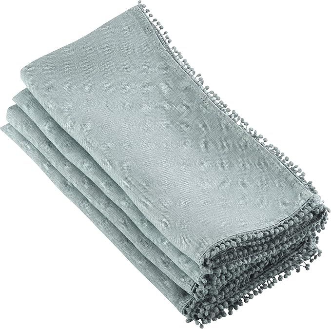 SARO LIFESTYLE Pomponin Collection Pompom Design Dinner Napkins (Set of 4), 20"x20", Blue-Grey | Amazon (US)