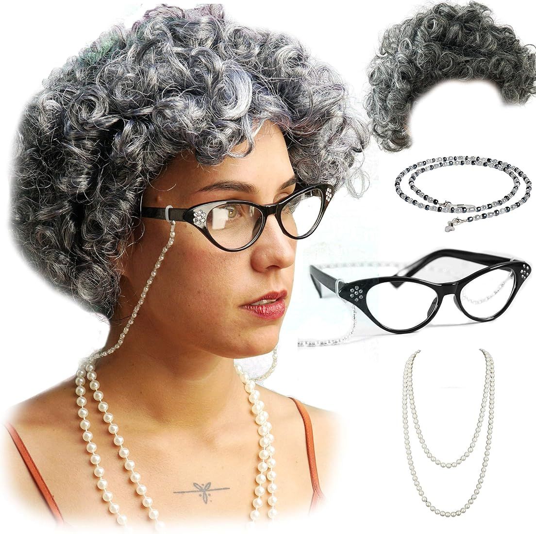 Amazon.com: Vibe Old Lady Wig Cosplay Set, Gray Hair Granny Wig with Pearl Necklace, Glasses, Gla... | Amazon (US)