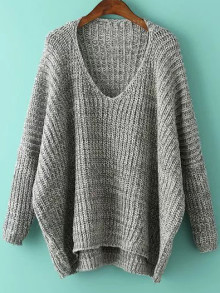 Plunge Neck Batwing Sleeve Dip Hem Oversized Sweater | ROMWE