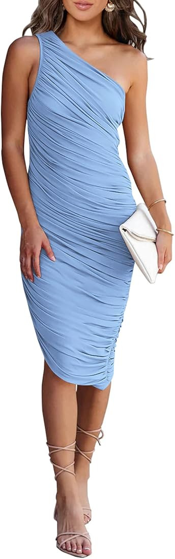 PRETTYGARDEN Women's Ruched Bodycon Dress 2023 Summer One Shoulder Sleeveless Party Cocktail Penc... | Amazon (US)