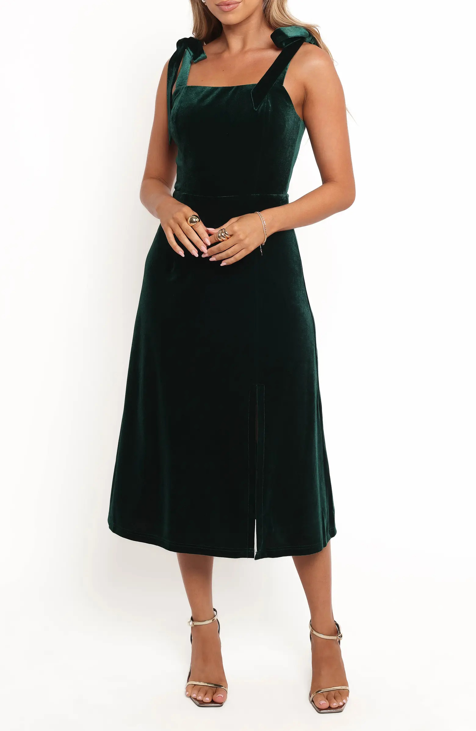Laurel Tie Shoulder A-Line Velvet Midi Dress | Nordstrom