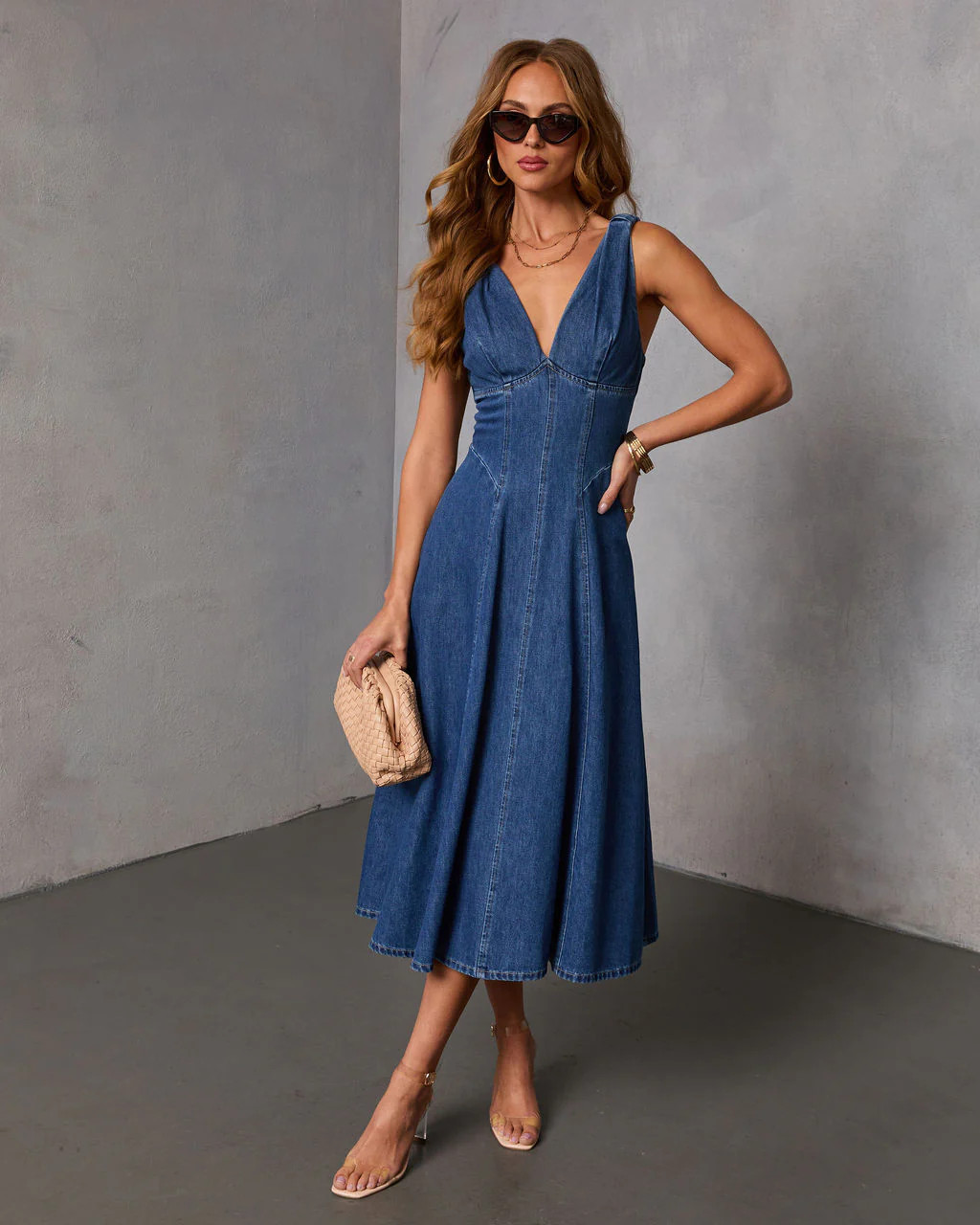 Karlien Denim V Neckline Midi Dress | VICI