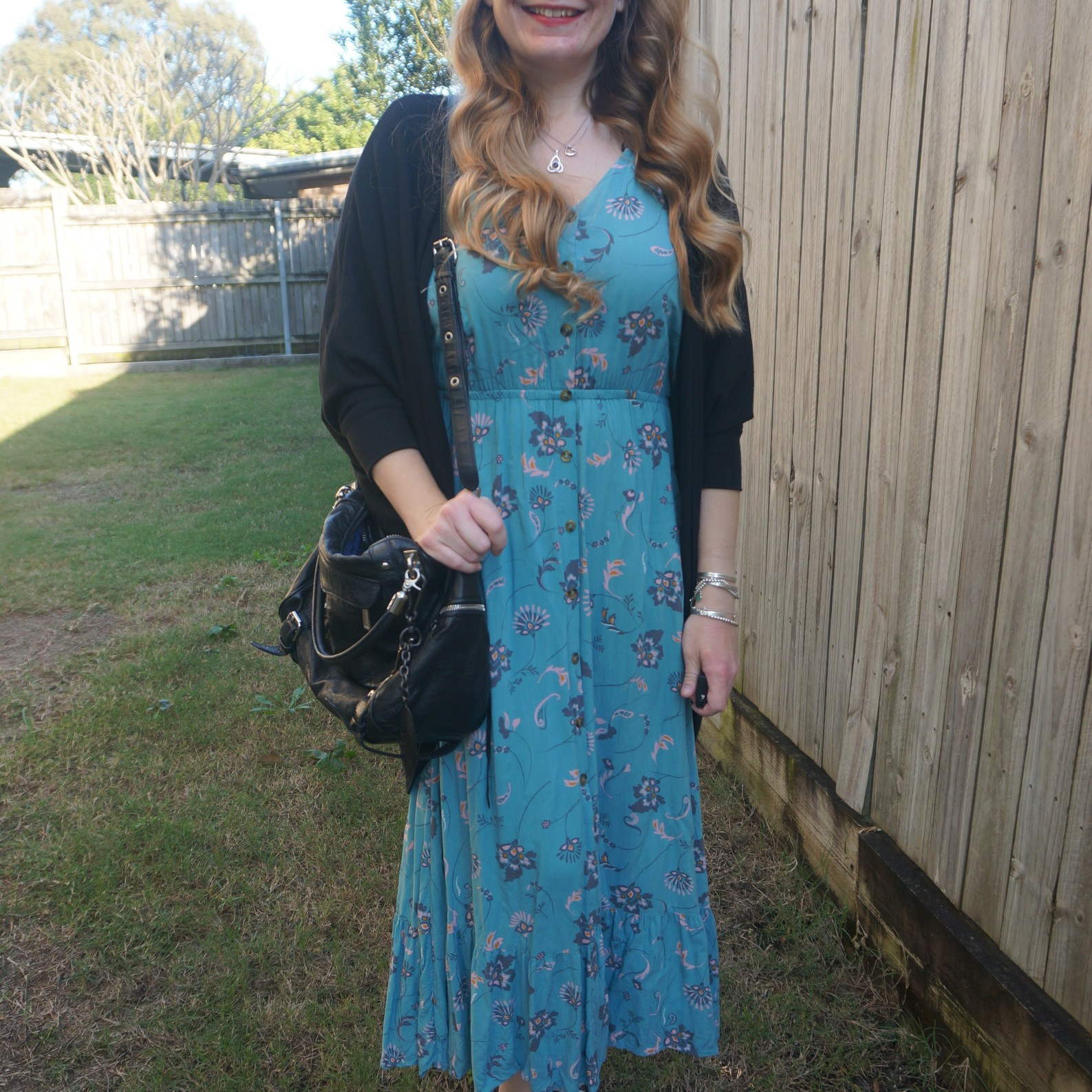 Thrifted outfit with black cocoon cardigan, turquoise Kmart Anko floral maxi dress and Rebecca Minkoff Cupid bag 💙

#LTKaustralia #LTKbag #LTKspring
