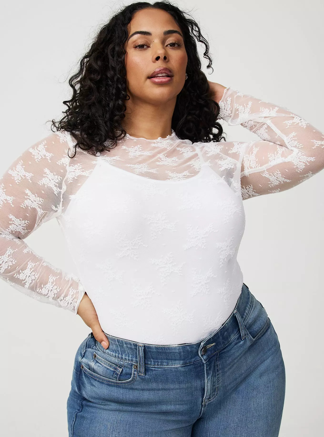 Sheer Lace Crew Long Sleeve Top | Torrid (US & Canada)