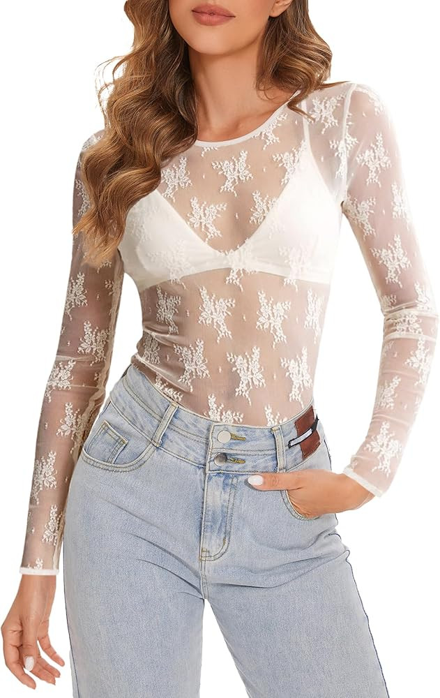 Women's Lace Long Sleeve Tops Mesh Sheer Blouse See Through Floral Concert Outfits Party Lace Und... | Amazon (US)